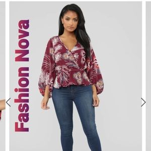 Fashion Nova Burgandy Print Faux Wrap Top